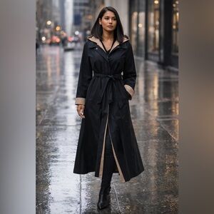 London Fog Long Hooded Trench Raincoat Black Tan Belted Full Length M
